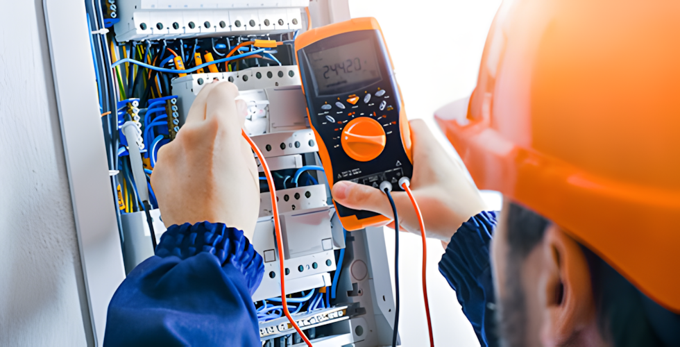 Eine Person mit einem orangefarbenen Helm hält ein Multimeter in der Hand.