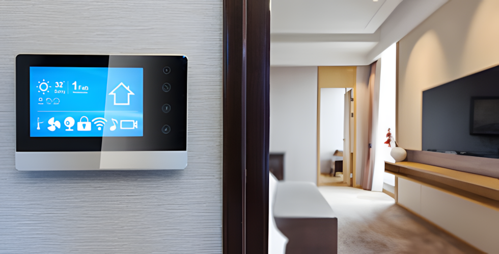 Ein Smart-Home-Steuerpanel ist an der Wand montiert.